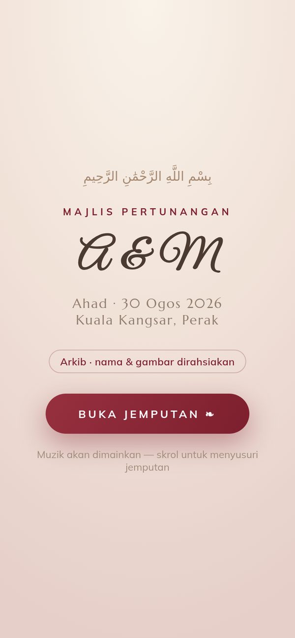 Muka depan kad jemputan digital Majlis Pertunangan, tema maroon dan emas (nama pasangan dirahsiakan)